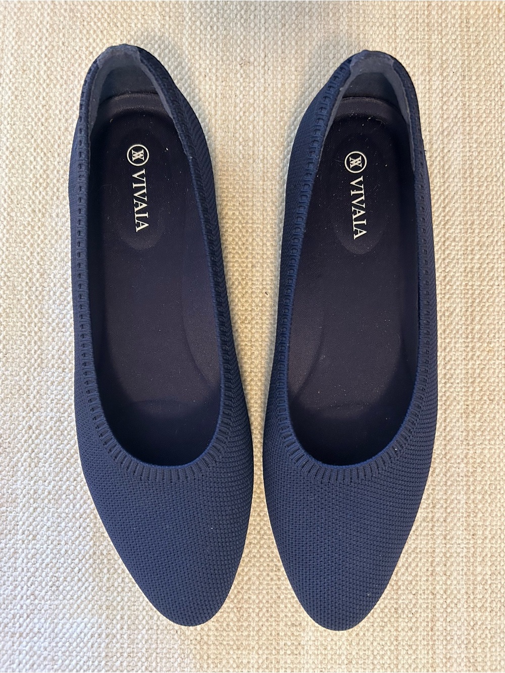 Vivaia Pointed Toe Ballet Flats Navy knit Stretch Slip-On Washable Size 8.5 39.5